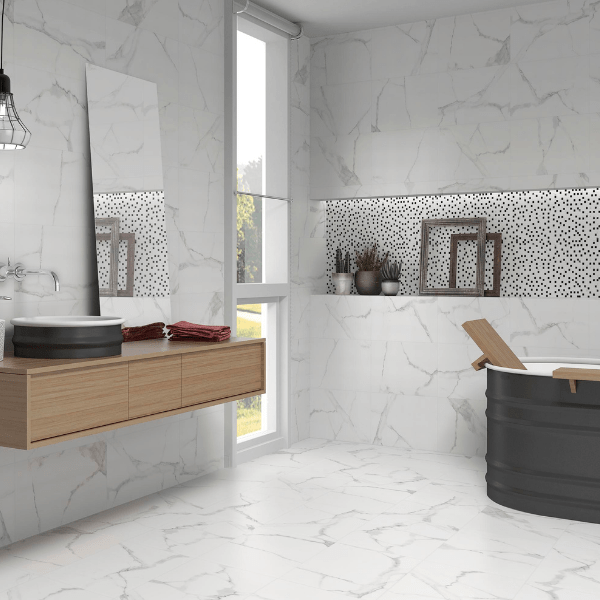 Polished Carrara Marble Effect Tiles, Grey Marble Tiles Bathroom